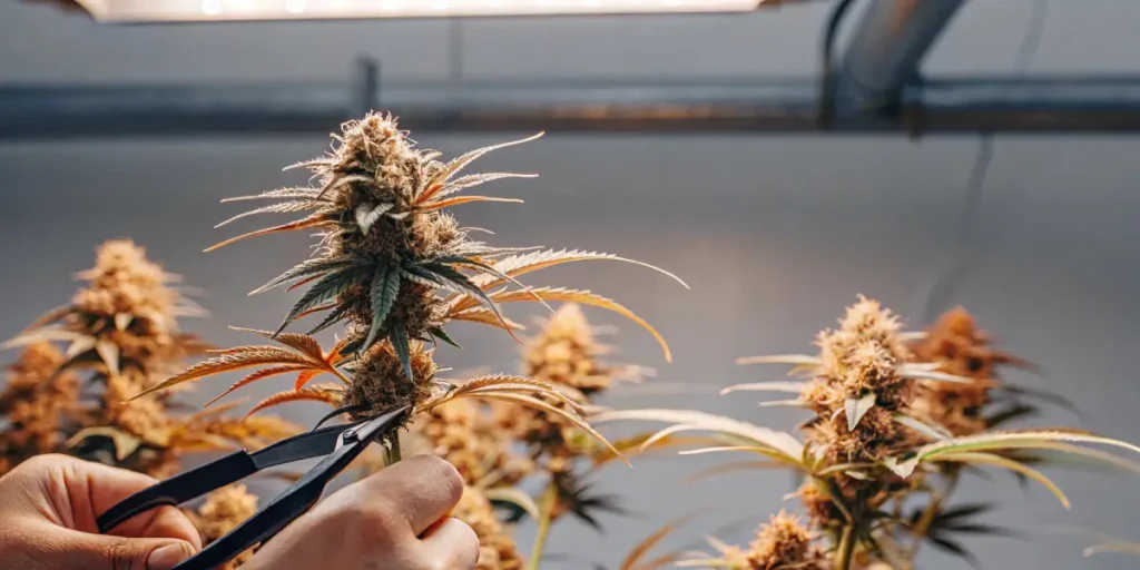 Trimming ripe cannabis buds in indoor grow space