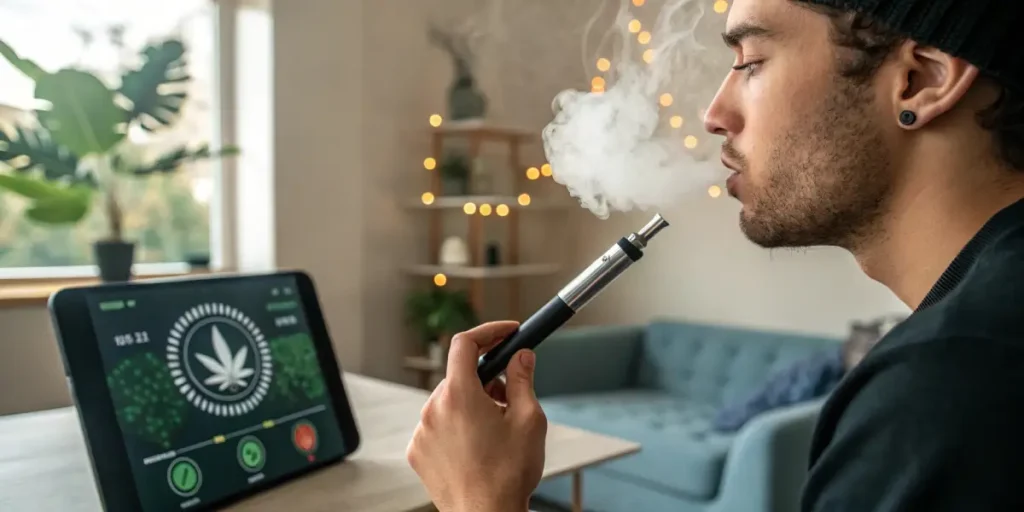 A man vaping cannabis indoors, exhaling vapor while holding a vape pen with a cannabis symbol on a nearby screen.