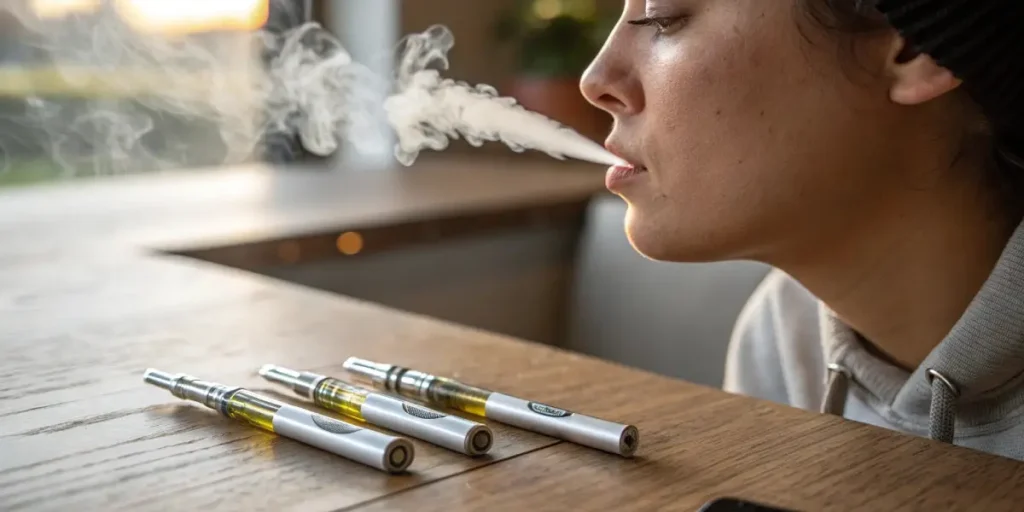 A person exhales vapor while using a cannabis oil vape pen, with three cartridges on a wooden table.
