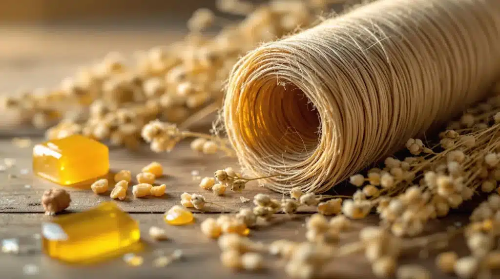 A roll of hemp wick with beeswax, surrounded by natural hemp fibers and seeds.