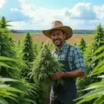 Smiling farmer holding a large cannabis plant in a biochar-enriched field