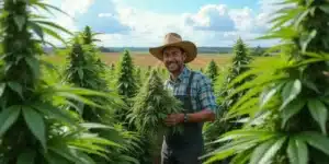 Smiling farmer holding a large cannabis plant in a biochar-enriched field