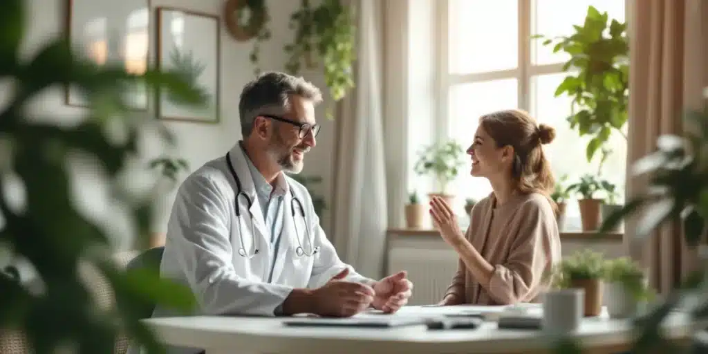 A doctor consulting with a patient about CBD treatment for nasal polyps in a bright and natural setting.