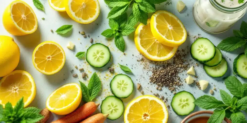 A flat lay of sliced lemons, cucumbers, fresh mint, and detox ingredients for a natural cleanse.
