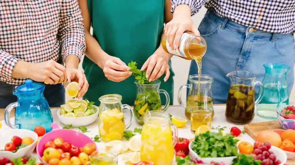 A group of people preparing homemade herbal detox drinks with lemon, mint, and honey.