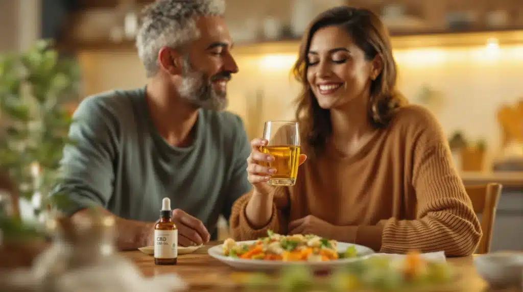 A happy couple enjoying a meal with CBD oil for digestive wellness.