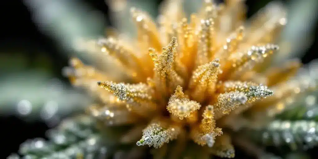 A highly detailed close-up of cannabis trichomes viewed under a microscope.