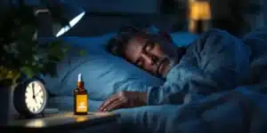 A man peacefully sleeping with CBD oil on his bedside table as part of his sleep apnea routine.