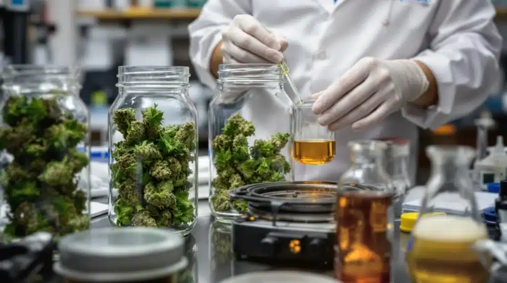 A scientist extracting medical marijuana syrup from cannabis buds in a laboratory.