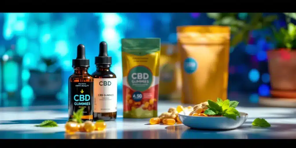A selection of CBD gummies and capsules designed for gastric relief.