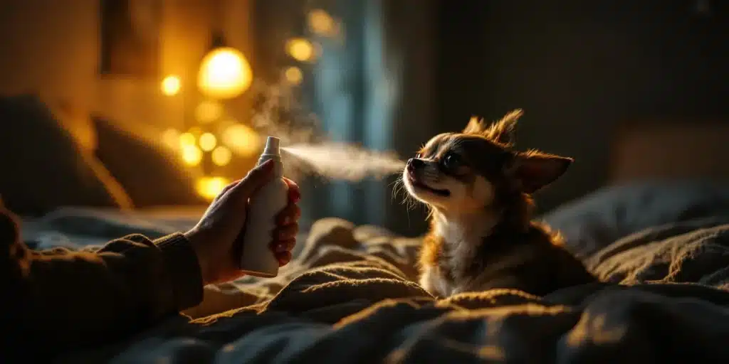 A small dog on a cozy bed receiving a gentle CBD calming spray for anxiety relief.