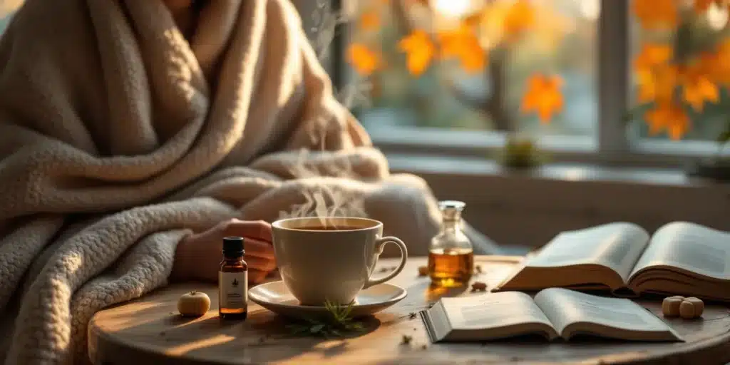 A steaming cup of cannabis-infused herbal tea for flu relief, surrounded by natural.