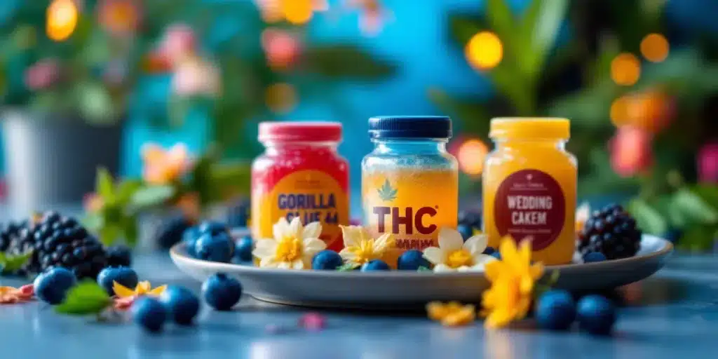 A variety of THC gummies stored in jars on a wooden shelf.