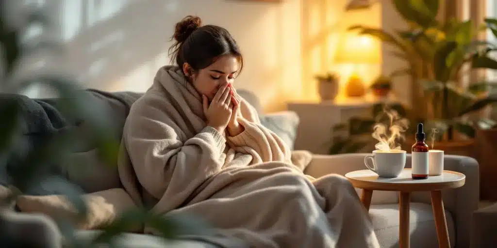 A woman wrapped in a blanket, holding a steaming cup of tea with CBD drops beside her, offering comfort from cold and flu symptoms.