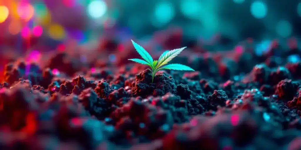 A young cannabis seedling emerging from nutrient-rich soil under colorful lights.