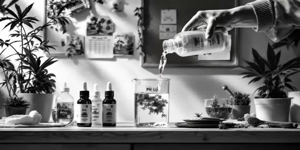 Monochrome image: hand pouring liquid into a beaker with water and cannabis leaves to adjust pH, surrounded by bottles.  