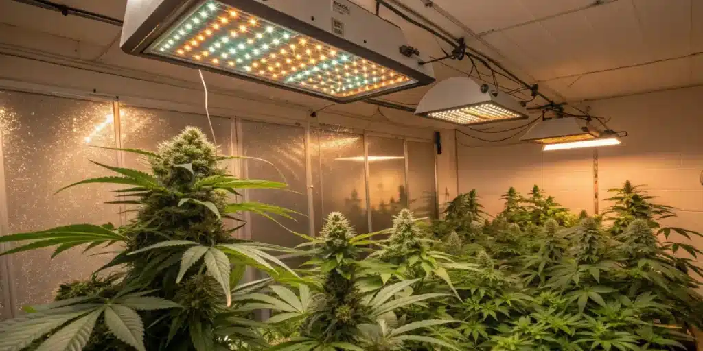 Hyper-realistic indoor cannabis grow room with lush plants under advanced LED grow lights displaying multiple colors.