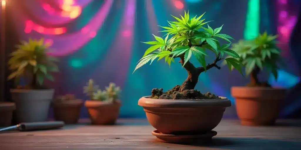 Artistic bonsai cannabis plant cultivated indoors with LED lighting for aesthetic and medicinal purposes.