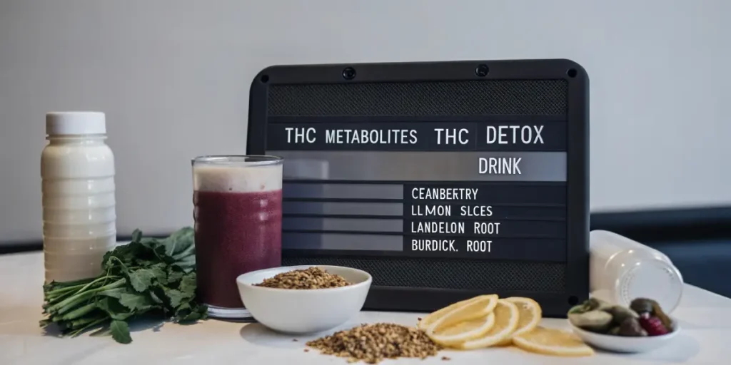A variety of colorful detox drinks including infused waters and tea, with fresh fruits and a labeled bottle, on a green placemat in a kitchen.