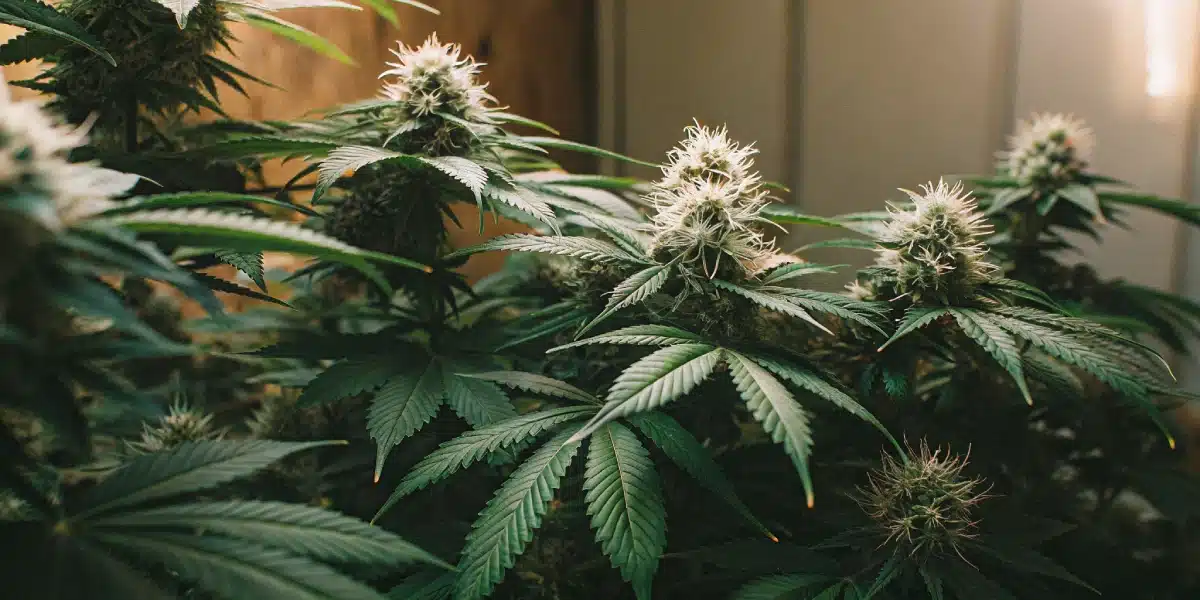 Close-up of autoflower cannabis buds with white pistils and green leaves, likely in week 5 of flowering.  