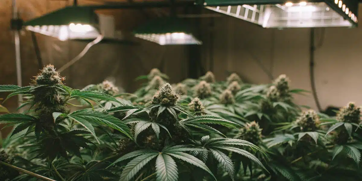 Indoor grow room with numerous autoflower cannabis plants showing dense buds under bright lights.  