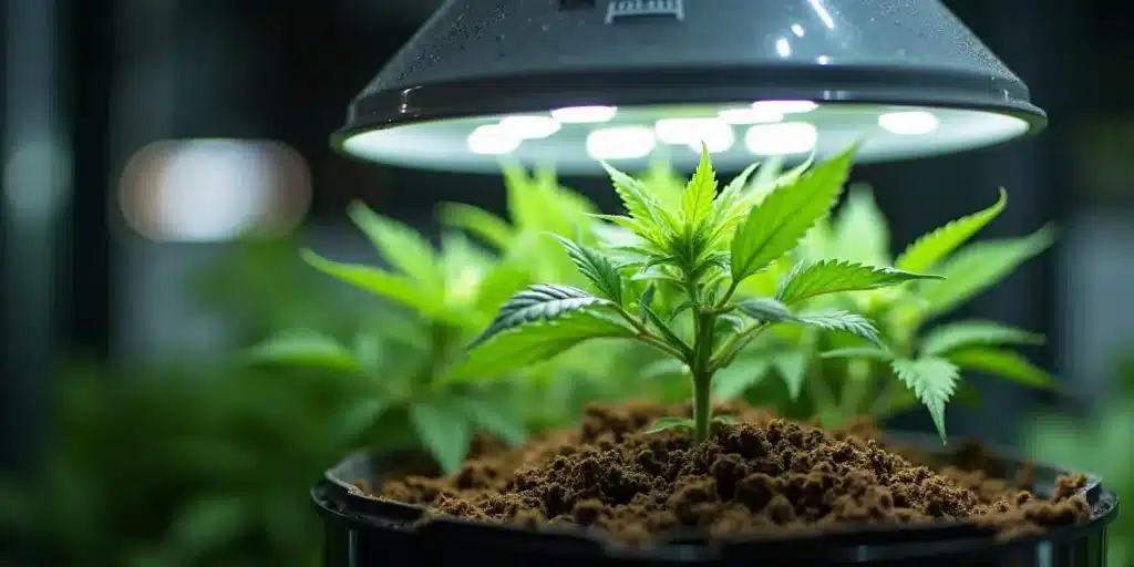 Autoflowering cannabis seedling under LED grow light during germination