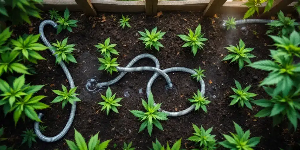 Automated watering system for cannabis plants in a soil garden.