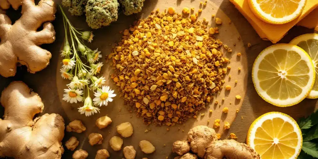 A blend of chamomile, ginger, turmeric, lemon, and cannabis buds used for making flu-relief cannabis tea.