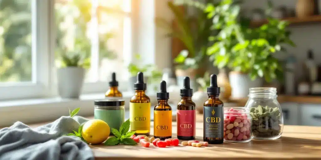 A collection of CBD oils, capsules, and gummies displayed on a kitchen counter, ideal for sinus support.