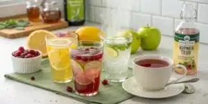 A modern wellness scene with a blackboard sign listing "THC Detox Drink" ingredients, next to a smoothie, bottle, grains, lemons, and greens.