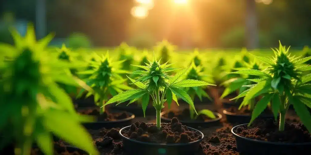 A thriving autoflower cannabis plant growing in rich soil, receiving the best fertilizer for optimal growth under natural sunlight.