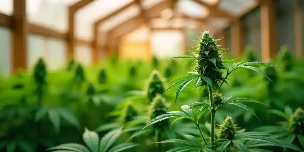 A healthy flowering cannabis plant under optimal humidity conditions, ensuring maximum bud production.