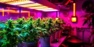 Autoflowering cannabis plants thriving under high-performance LED grow lights.