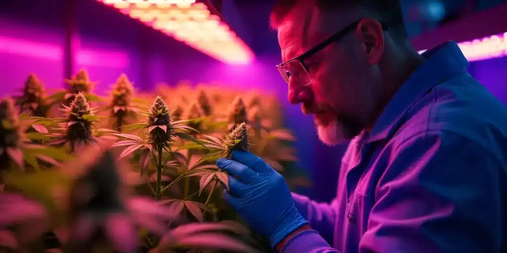 Scientist in blue gloves and glasses inspecting a cannabis bud under intense red and purple grow lights, assessing light intensity for flowering.