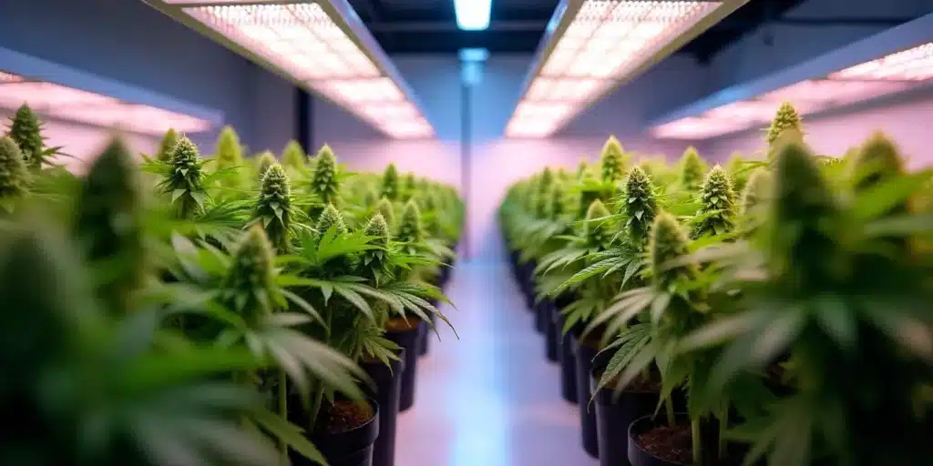 Indoor cannabis grow room with rows of lush plants and prominent buds under bright overhead lights, for ideal light intensity.