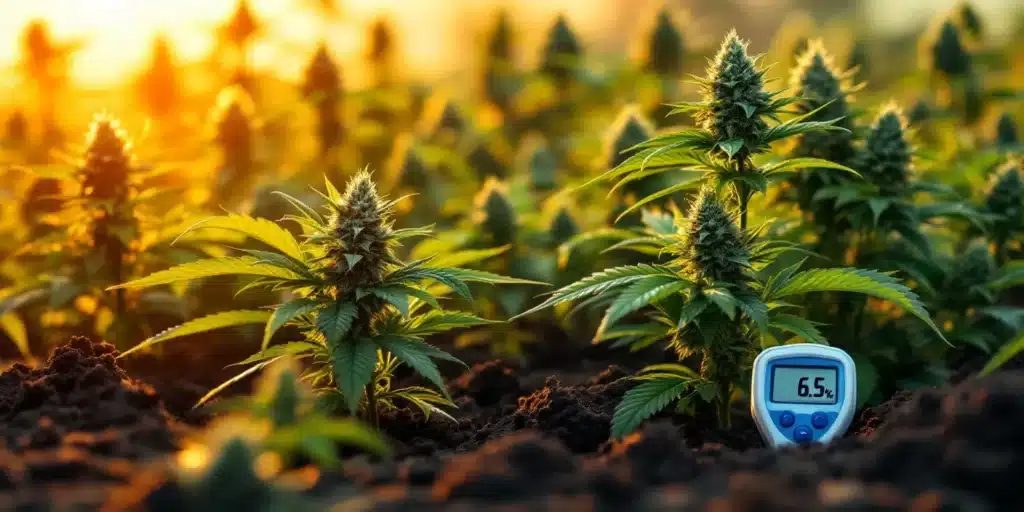 Digital pH meter displaying "6.5" in soil amidst flowering cannabis plants, bathed in golden sunlight.