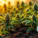 Digital pH meter displaying "6.5" in soil amidst flowering cannabis plants, bathed in golden sunlight.