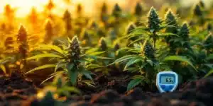 Digital pH meter displaying "6.5" in soil amidst flowering cannabis plants, bathed in golden sunlight.