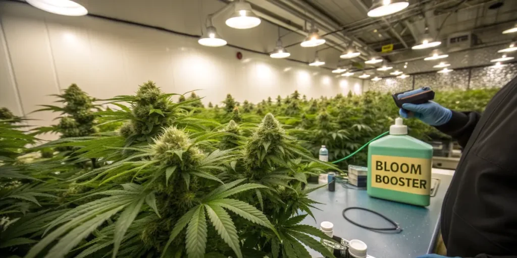 Hyper-realistic scene: gloved hand applying liquid from a "BLOOM BOOSTER" bottle to lush indoor cannabis plants under bright lights.