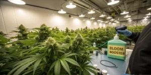 Hyper-realistic scene: gloved hand applying liquid from a "BLOOM BOOSTER" bottle to lush indoor cannabis plants under bright lights.
