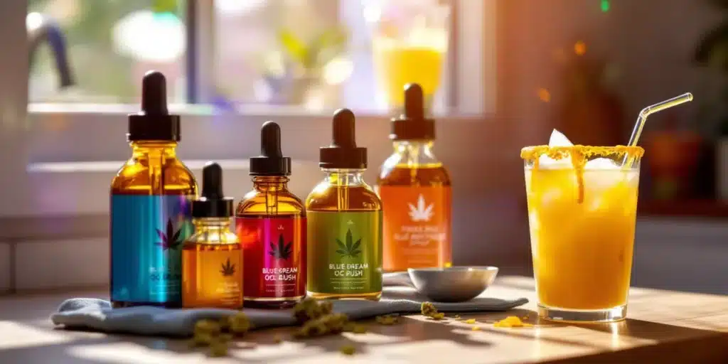 Bottles of flavored medical marijuana syrup next to a cannabis-infused drink.