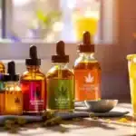 Bottles of flavored medical marijuana syrup next to a cannabis-infused drink.