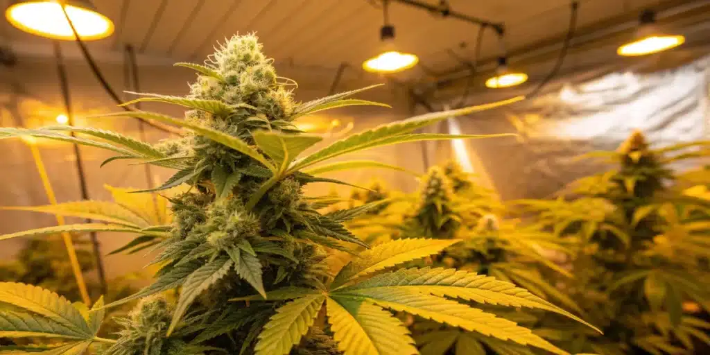 A prominent Lemon Haze Autoflower CBD bud with frosty trichomes and bright green leaves, illuminated by warm yellow grow lights in a controlled environment.
