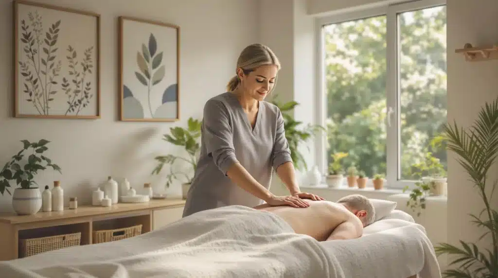 A massage therapist applying CBD-infused oil to a patient for pain relief.