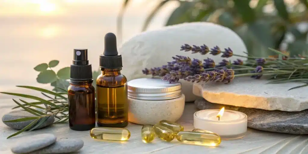 CBD relaxation set with amber bottles, capsules, and lavender flowers on a stone table, complemented by a lit candle and natural elements