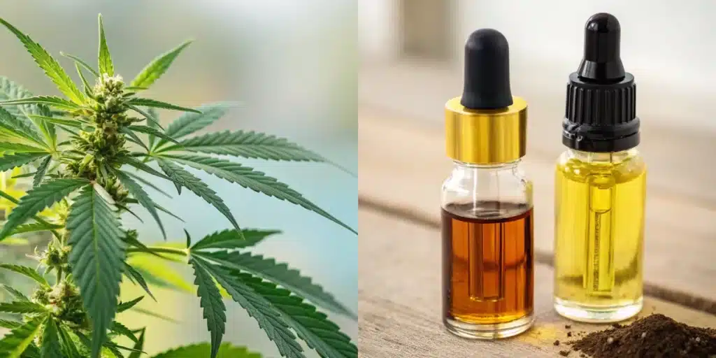 Clear CBD oil in a dropper bottle, paired with a healthy green cannabis plant, symbolizing medical and wellness uses