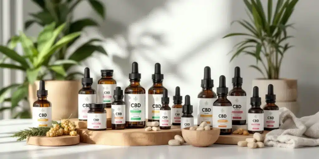 A collection of CBD oil tinctures and supplements designed for nasal health and inflammation relief.