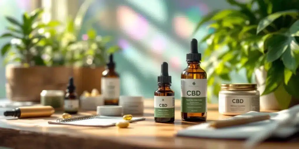 CBD oil bottles and capsules displayed on a wooden table with a natural background.
