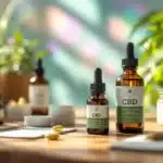 CBD oil bottles and capsules displayed on a wooden table with a natural background.