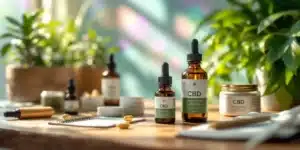 CBD oil bottles and capsules displayed on a wooden table with a natural background.
